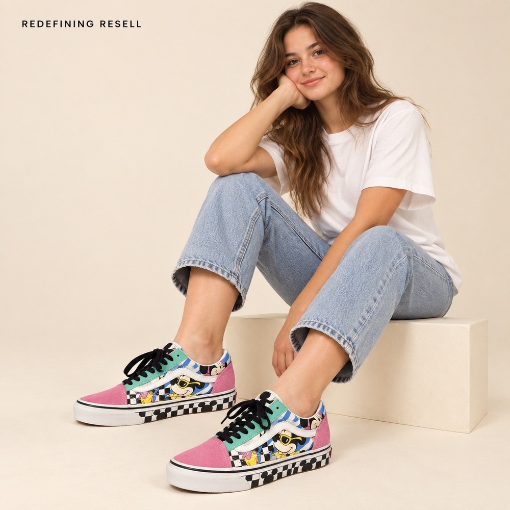 Vans Old Skool Disney 90s Mickey Mouse Multi Color Pink Teal Sneakers Womens 8
